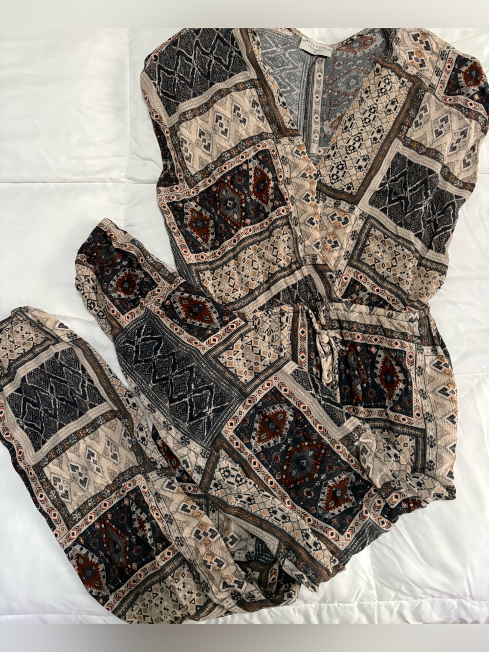 Dress Forum Patchwork-Print Jumpsuit in Beige, Navy & Rust